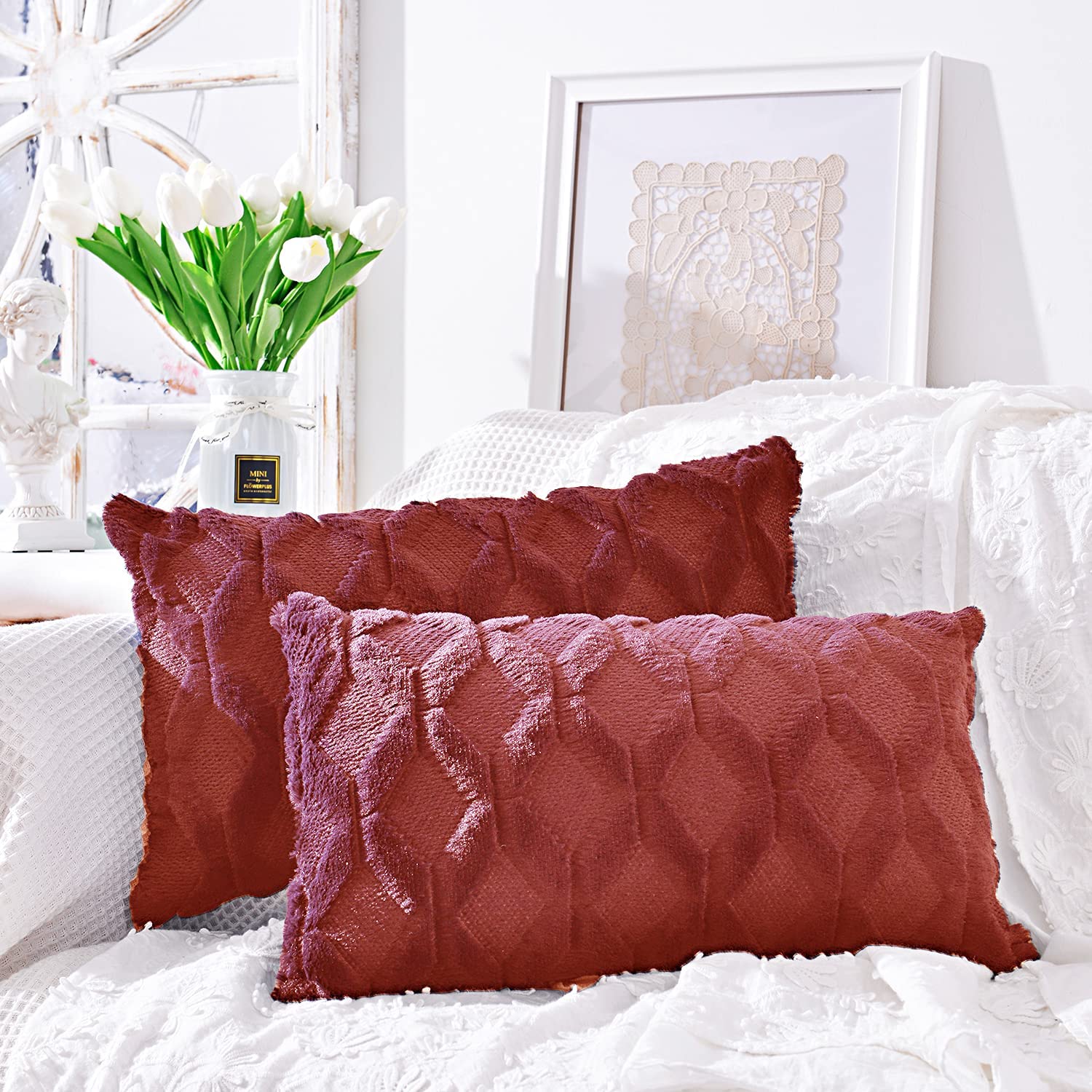 Pack of 2 bundle One 18"x18" with a matching color of one 12"x20" Square and rectangle combo set throw pillow covers with inserts