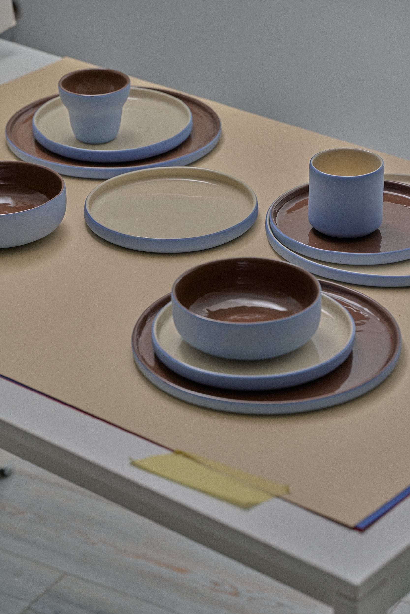 Handmade Blue Porcelain Dinner Plates. Forget-me-not/Chocolate